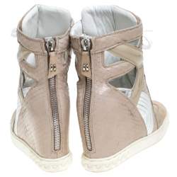 Pre Owned Casadei Beige Leather And Suede Wedge Lace Up Sneakers Size 40