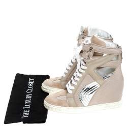 Pre Owned Casadei Beige Leather And Suede Wedge Lace Up Sneakers Size 40