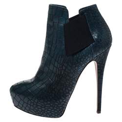 Pre Owned Casadei Green Croc Embossed Leather Platform Booties Size 39.5