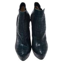Pre Owned Casadei Green Croc Embossed Leather Platform Booties Size 39.5