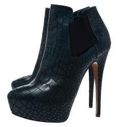 Pre Owned Casadei Green Croc Embossed Leather Platform Booties Size 39.5