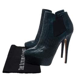 Pre Owned Casadei Green Croc Embossed Leather Platform Booties Size 39.5