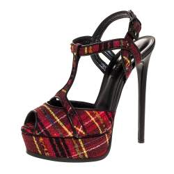 Casadei Multicolor Tweed Fabric T-Strap Platform Sandals Size 40