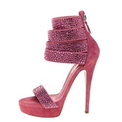 مملوكة مسبقًا Casadei Pink Suede And Crystal Fabric Platform Ankle Cuff Sandals Size 36
