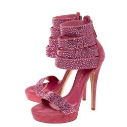 مملوكة مسبقًا Casadei Pink Suede And Crystal Fabric Platform Ankle Cuff Sandals Size 36