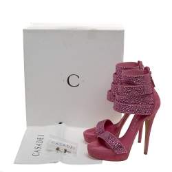 مملوكة مسبقًا Casadei Pink Suede And Crystal Fabric Platform Ankle Cuff Sandals Size 36