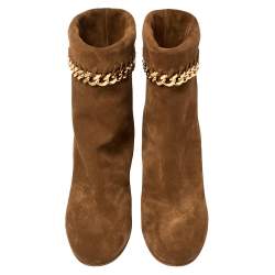 Pre Owned Casadei Brown Suede Renna Chain Trim Ankle Boots Size 40