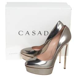 Pre Owned Casadei Metallic Silver Leather Platform Pumps Size 40