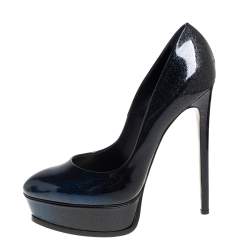 مملوكة مسبقًا حذاء كعب عالي كاسادي نعل سميك جلد لامع أزرق/ أسود ميتالك مقاس 40