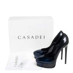 مملوكة مسبقًا حذاء كعب عالي كاسادي نعل سميك جلد لامع أزرق/ أسود ميتالك مقاس 40