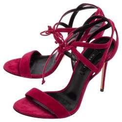 Pre Owned Casadei Dark Pink Suede Ankle Tie Sandals Size 38