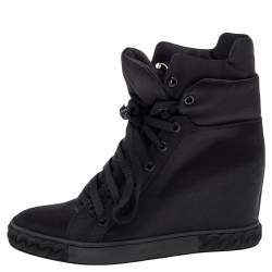 Pre Owned Casadei Black Satin High Top Wedge Sneakers Size 39