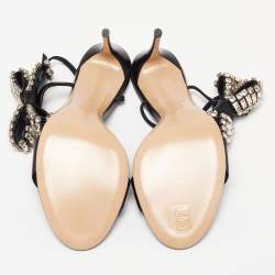Pre Owned Casadei Black Leather Crystal Embellished Bow Ankle-Strap Sandals Size 40
