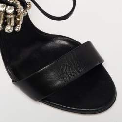 Pre Owned Casadei Black Leather Crystal Embellished Bow Ankle-Strap Sandals Size 40