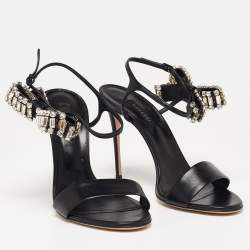 Pre Owned Casadei Black Leather Crystal Embellished Bow Ankle-Strap Sandals Size 40