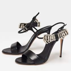 Pre Owned Casadei Black Leather Crystal Embellished Bow Ankle-Strap Sandals Size 40