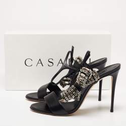 Pre Owned Casadei Black Leather Crystal Embellished Bow Ankle-Strap Sandals Size 40