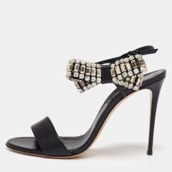 Pre Owned Casadei Black Leather Crystal Embellished Bow Ankle-Strap Sandals Size 40