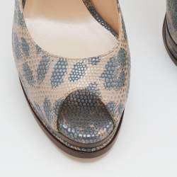 Pre Owned حذاء كعب عالي كاسادي جلد نقشة سحلية رصاصي/بيج مقدمة مفتوحة نعل سميك مقاس 40