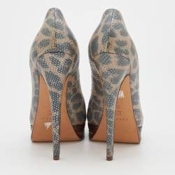 Pre Owned حذاء كعب عالي كاسادي جلد نقشة سحلية رصاصي/بيج مقدمة مفتوحة نعل سميك مقاس 40