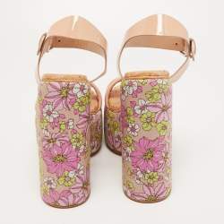 Pre Owned Casadei Pink /Beige Patent Leather and Leather Floral Print Ankle Strap Platform Sandals Size 39