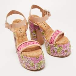 Pre Owned Casadei Pink /Beige Patent Leather and Leather Floral Print Ankle Strap Platform Sandals Size 39