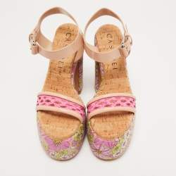 Pre Owned Casadei Pink /Beige Patent Leather and Leather Floral Print Ankle Strap Platform Sandals Size 39