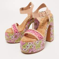 Pre Owned Casadei Pink /Beige Patent Leather and Leather Floral Print Ankle Strap Platform Sandals Size 39