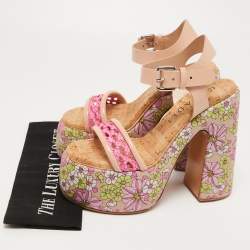 Pre Owned Casadei Pink /Beige Patent Leather and Leather Floral Print Ankle Strap Platform Sandals Size 39