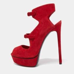 Casadei Red Suede Buckle Detail Platform Peep Toe Sandals Size 40