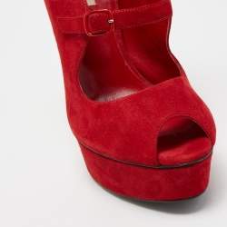 Casadei Red Suede Buckle Detail Platform Peep Toe Sandals Size 40