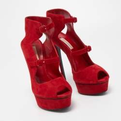 Casadei Red Suede Buckle Detail Platform Peep Toe Sandals Size 40