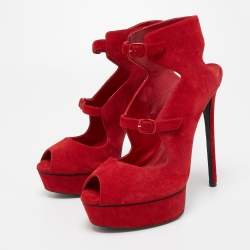 Casadei Red Suede Buckle Detail Platform Peep Toe Sandals Size 40