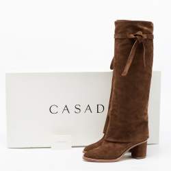 Casadei Brown Suede C-Chain Block Heel Knee Length Boots Size 37.5