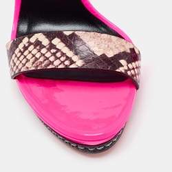 Pre Owned Casadei Fuschia Pink Patent and Snakeskin Embossed Roccia Ankle Strap Sandals Size 38
