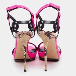 Pre Owned Casadei Fuschia Pink Patent and Snakeskin Embossed Roccia Ankle Strap Sandals Size 38