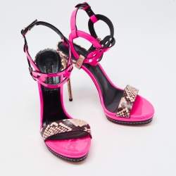 Pre Owned Casadei Fuschia Pink Patent and Snakeskin Embossed Roccia Ankle Strap Sandals Size 38