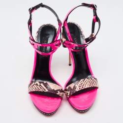 Pre Owned Casadei Fuschia Pink Patent and Snakeskin Embossed Roccia Ankle Strap Sandals Size 38