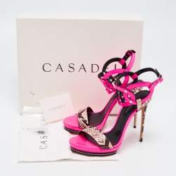Pre Owned Casadei Fuschia Pink Patent and Snakeskin Embossed Roccia Ankle Strap Sandals Size 38