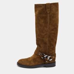 Casadei Brown Suede Chain Detail Knee Length Boots Size 40