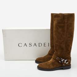 Casadei Brown Suede Chain Detail Knee Length Boots Size 40