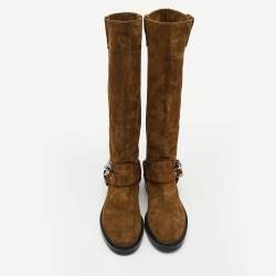 Casadei Brown Suede Chain Detail Knee Length Boots Size 40