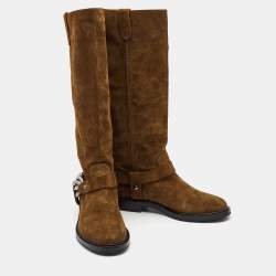 Casadei Brown Suede Chain Detail Knee Length Boots Size 40