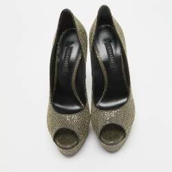 Casadei Gold/Black Glitter & Lame Fabric Daisy Peep Toe Pumps Size 38.5