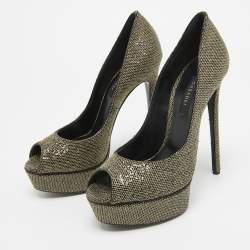 Casadei Gold/Black Glitter & Lame Fabric Daisy Peep Toe Pumps Size 38.5