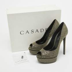Casadei Gold/Black Glitter & Lame Fabric Daisy Peep Toe Pumps Size 38.5