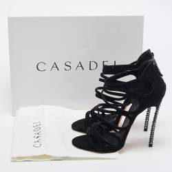 Pre Owned Casadei Black Suede and Crystal Heel Ankle Strap Sandals Size 39