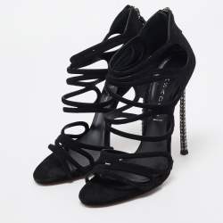 Pre Owned Casadei Black Suede and Crystal Heel Ankle Strap Sandals Size 39
