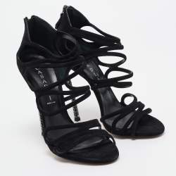 Pre Owned Casadei Black Suede and Crystal Heel Ankle Strap Sandals Size 39