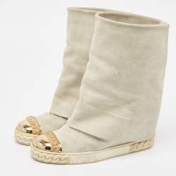 Pre Owned Casadei Grey Suede Embellished Metal Cap Toe Wedge Sneakers Size 39